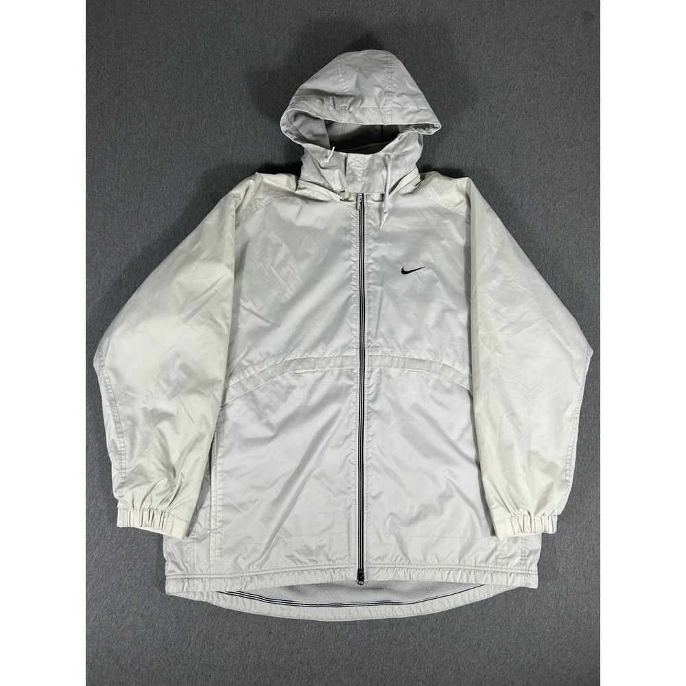 Vintage Nike Hooded Windbreaker Jacket Mens Cream Fleece Lined Full Zip XL
